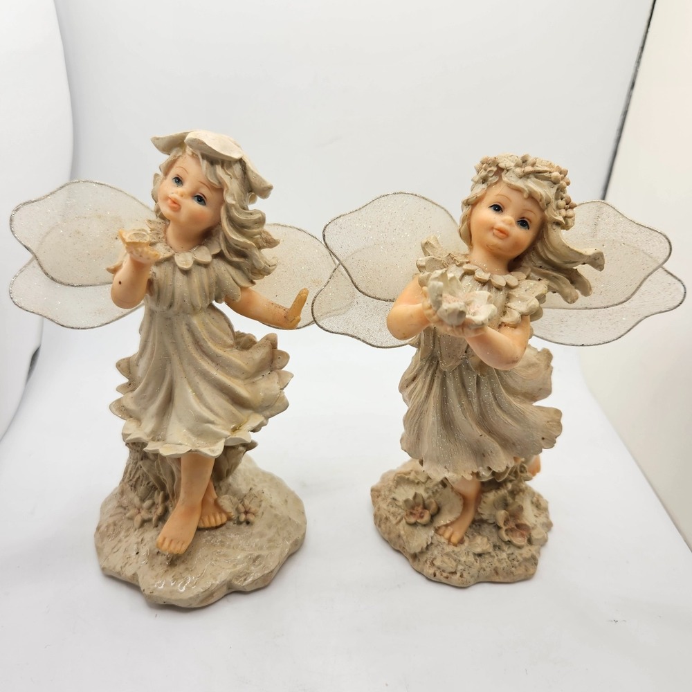 Vintage Fairy Figurines Set of 2 Resin Glitter Mesh Wings Cottagecore Decor READ